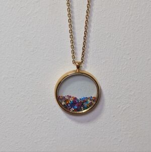 Gold Tone Floating Locket Necklace | Round Shaker Pendant | Multicolor Crystals
